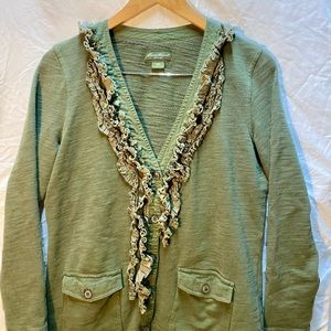 Eddie Bauer Green Cardigan, Large, Ruffle & Bead Detail